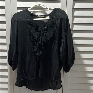 Denim & Supply Ralph Lauren Black Puff Sleeve Blouse with Ruffled Tie Front